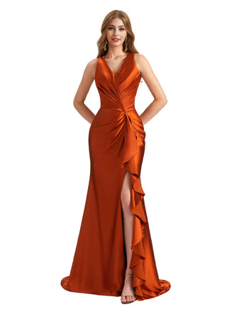 Elegant V-Neck Ruffles Satin Side Split Mermaid Long Bridesmaid Dresses Online