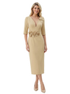 Chicsew Mother of The Bride Dress Pretty V-Neck Half Sleeve Crepe Sheath Midi Gown Floral Accent Stylish