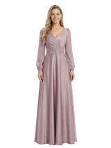 Chicsew Mother of The Groom Dresses V-Neck Long Sleeve Satin Maxi Gown Pretty Lace Detailed Formal Bridal Event Dress