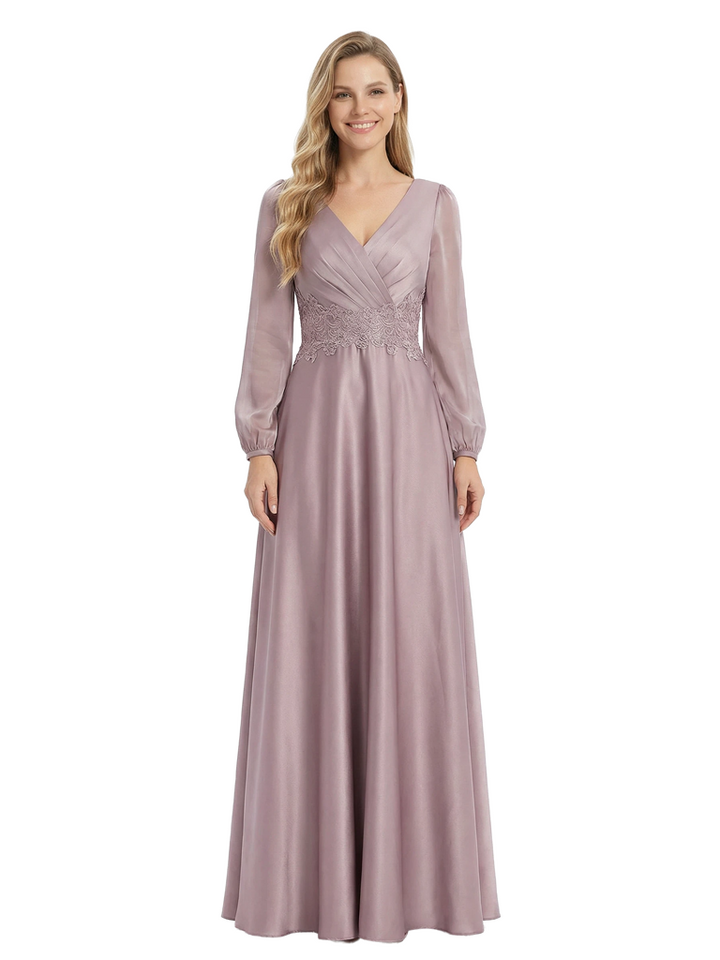 Chicsew Mother of The Groom Dresses V-Neck Long Sleeve Satin Maxi Gown Pretty Lace Detailed Formal Bridal Event Dress