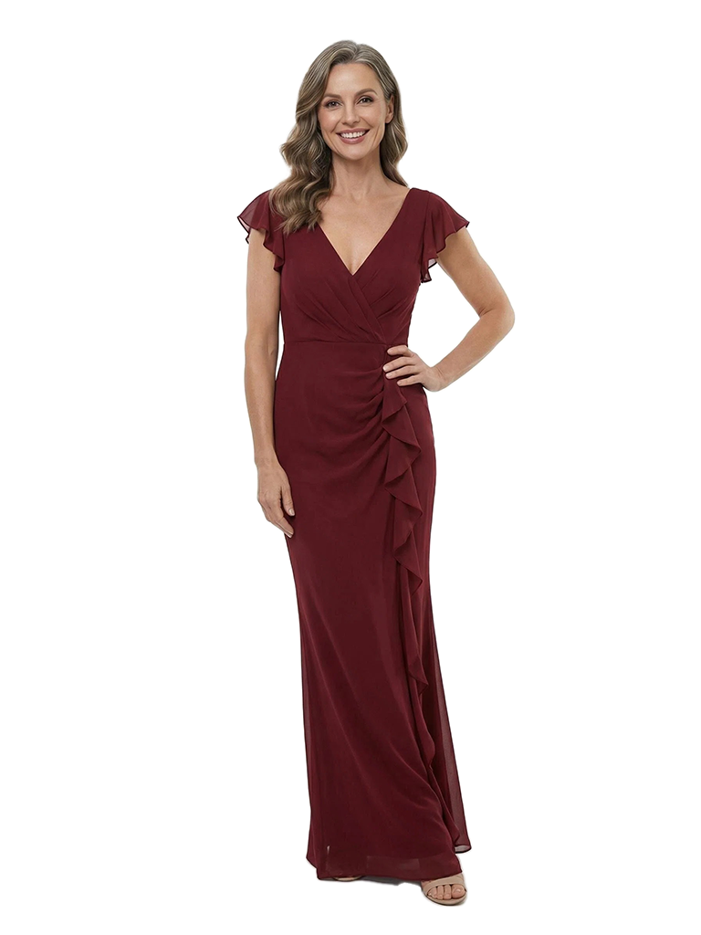 ChicSew V-Neck Short Flutter Sleeve Ruffle Side Detail Floor Length Chiffon Formal Mother Of The Bride And Groom Dresses