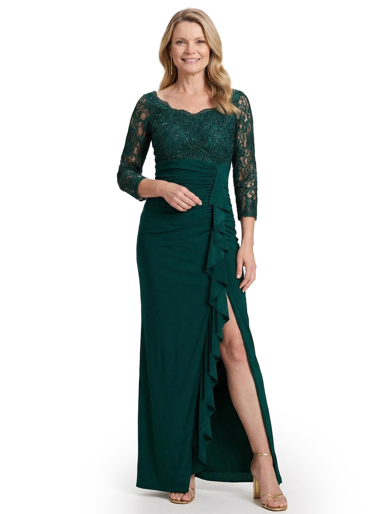 Chicsew Pretty Scoop Long Sleeves Ruffles Side Slit Maxi Sheath Crepe Simple Mother of The Groom Dress