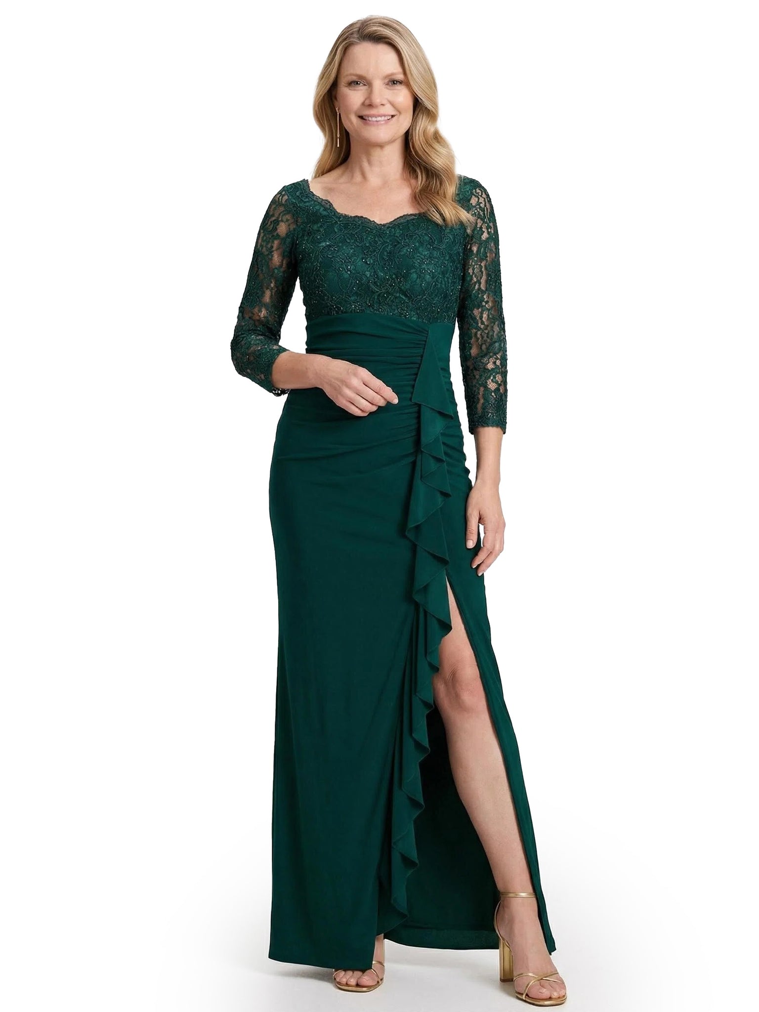 Chicsew Pretty Scoop Long Sleeves Ruffles Side Slit Maxi Sheath Crepe Simple Mother of The Groom Dress