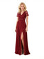 Elegant Chiffon V-Neck A-Line Short Sleeves Lace Beaded Long Mother of The Bride Dresses Slit
