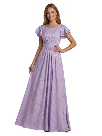 Elegant Flutter Sleeves Scoop Floral Burnout Chiffon A-Line Long Formal Evening Dresses