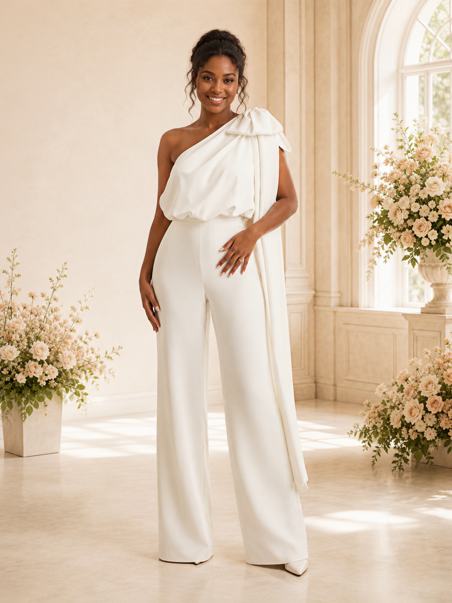 ChicSew Elegant One Shoulder Crepe Long Wedding Jumpsuit With Bow