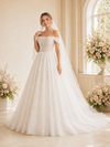 ChicSew Elegant Off The Shoulder Ruched Glitter Tulle A-Line Long Wedding Dress
