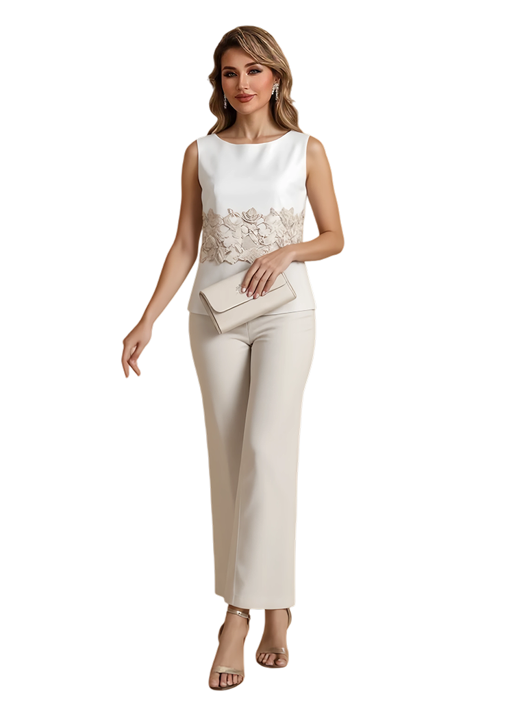 Elegant Jewel Sleeveless Chiffon Applique Women's Pantsuits For Mother of The Bride With Jacket