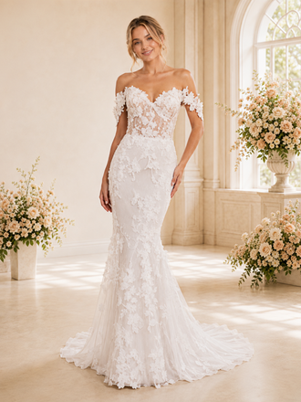 Chicsew Fancy Off The Shoulder Mermaid Sleeveless Tulle Wedding Dress With Lace Appliques