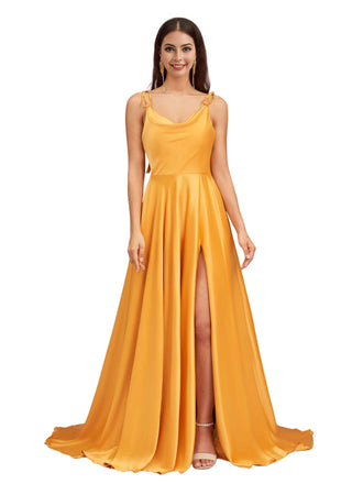 Sexy Side Slit Spaghetti Straps A-Line Soft Satin Pretty Long Bridesmaid Dresses