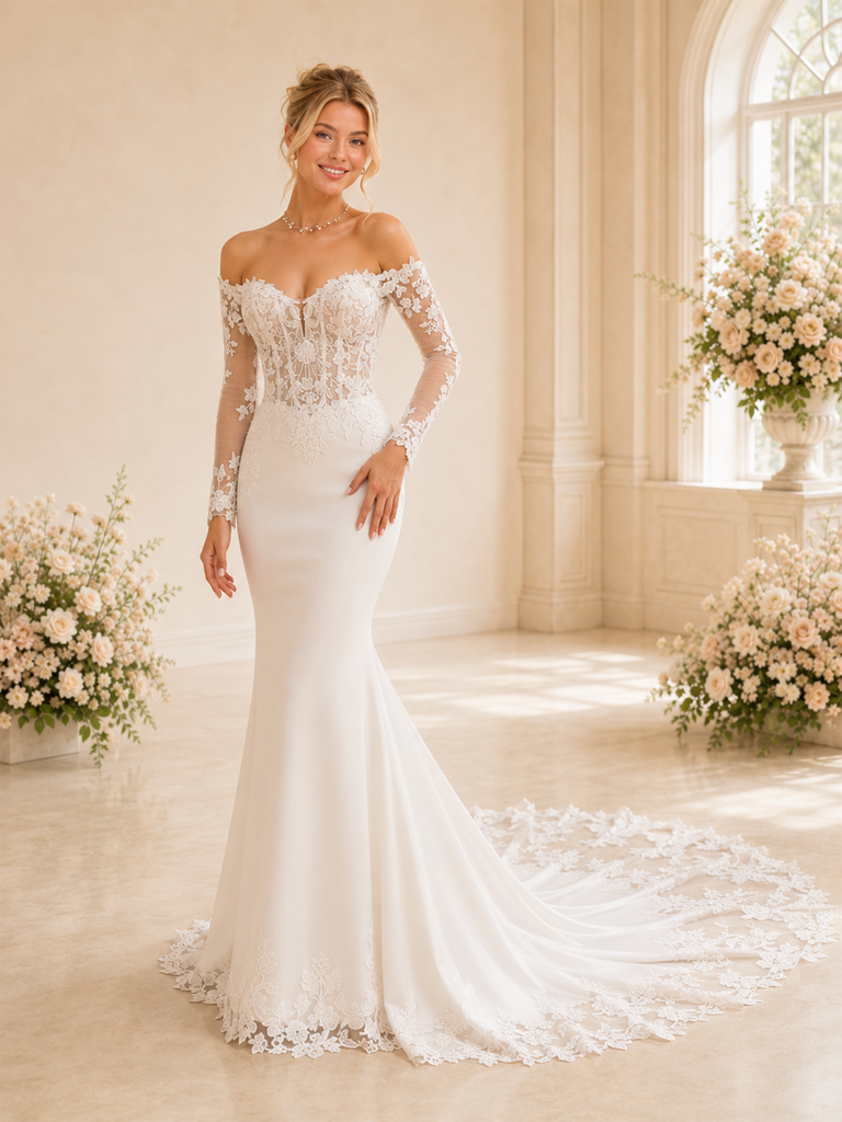 ChicSew Fancy Sexy Lace Tulle Off The Shoulder Long Sleeves Boning Mermaid Maxi Wedding Dresses With Train