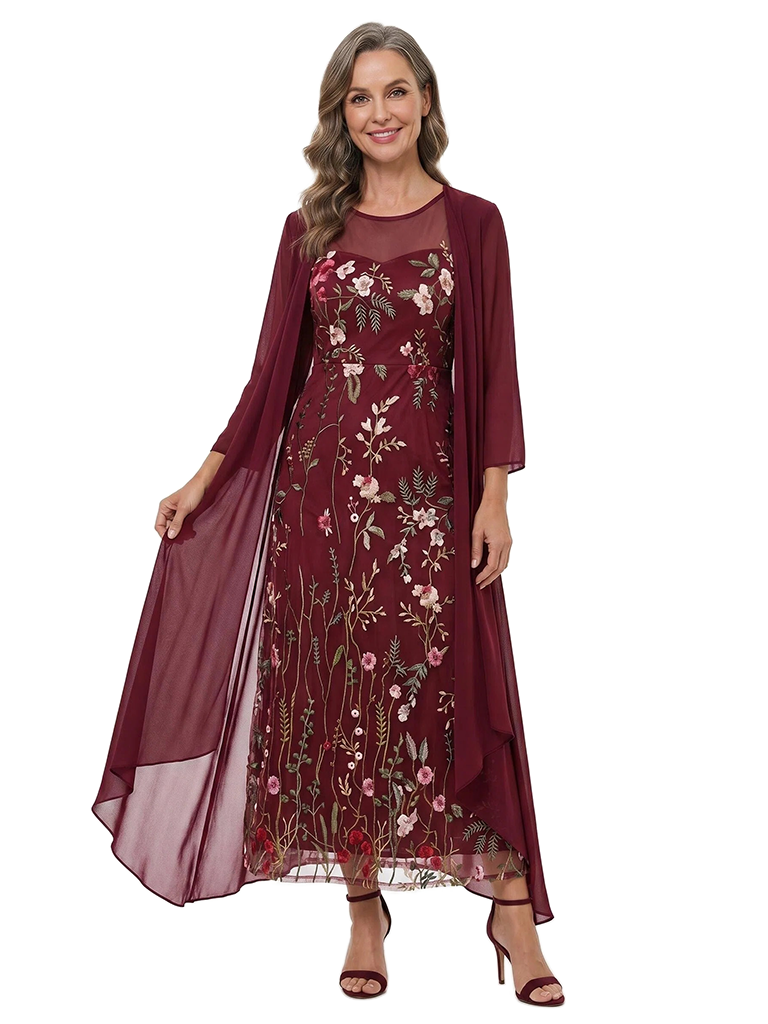 ChicSew Embroidered Floral Mother Of The Bride Dress With Chiffon Jacket Ankle-Length A-Line