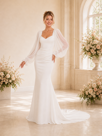 Chicsew Modern Classy Mermaid Floor-Length V-Neck Lace Long Sleeves Crepe Wedding Dresses