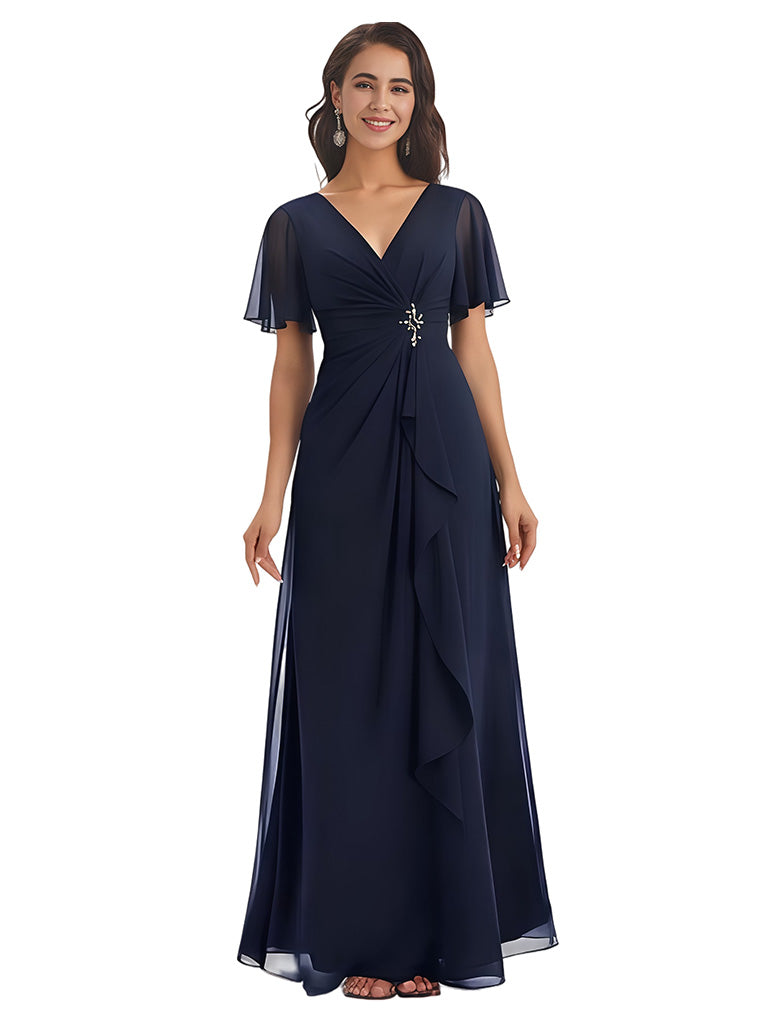 Elegant A-line V-neck Chiffon Bell Sleeves Mother of the Brides Dresses