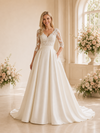 ChicSew Elegant V-Neck Lace Satin Half Sleeves A-Line Maxi Wedding Dresses