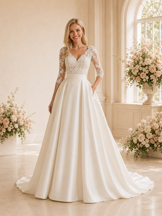 ChicSew Elegant V-Neck Lace Satin Half Sleeves A-Line Maxi Wedding Dresses