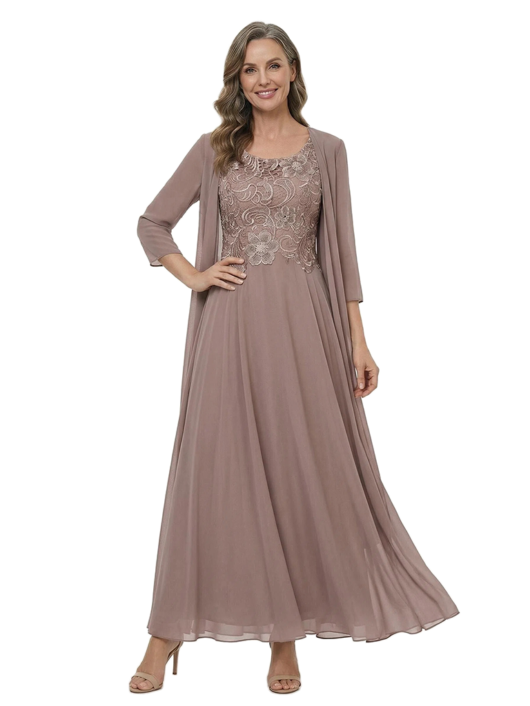ChicSew Fancy Round-Neck Floor-Length Chiffon Mother Of The Bride Dresses With Floral Lace Appliques