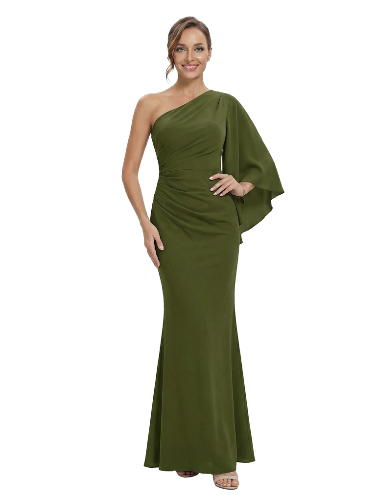 Chicsew Mother of The Bride Dress One Shoulder Draped Trumpet Maxi Gown Unique Flowy Sleeve Design - ChicSew Chicsew Mother of The Bride Dress One Shoulder Draped Trumpet Maxi Gown Unique Flowy Sleeve Design - ChicSew