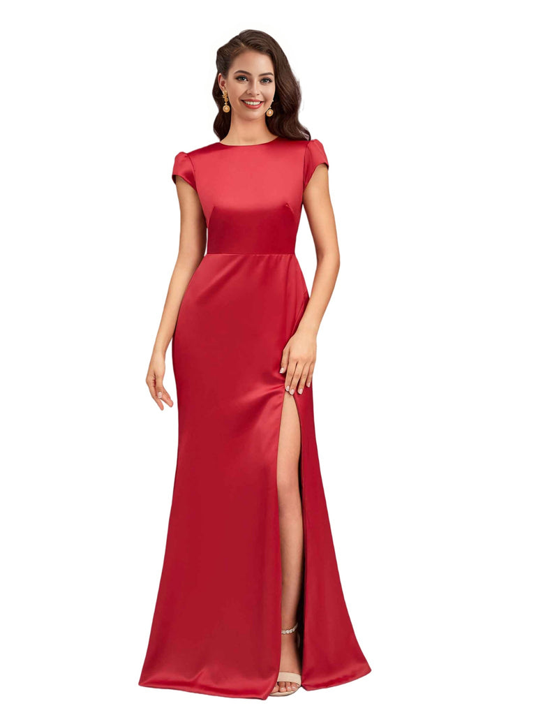 Sexy Open Back Mermaid Jewel Neck Long Soft Satin Bridesmaid Dresses Online