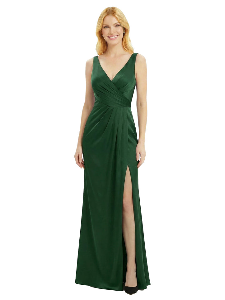 Simple Spaghetti Straps V-Neck Side Slit Floor-Length Satin Mother Of The Bride Dresses
