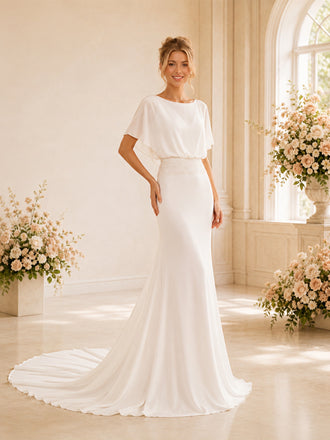 ChicSew Flutter Sleeve Mermaid Wedding Dress Open Back Chiffon Bridal Gown With Beading Waist