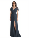 Elegant Chiffon A-Line Short Sleeves V-Neck Side Slit Lace Long Mother Of The Bride Dresses