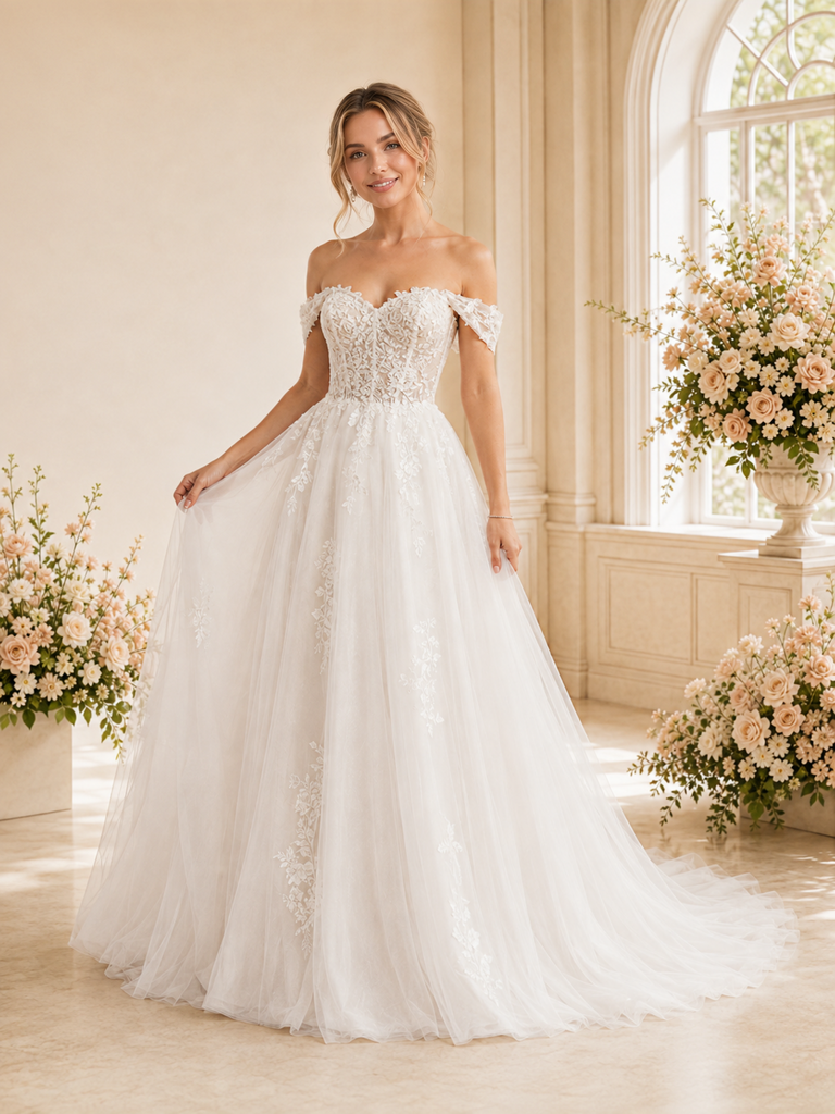ChicSew Fancy Off The Shoulder Boning Lace Tulle Maxi A-Line Wedding Dress