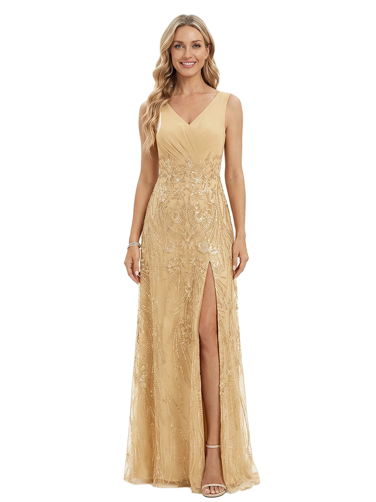 ChicSew Elegant V-Neck Spaghetti Straps A-Line Side Slit Mother Of The Bride Gown Lace Tulle Overlay