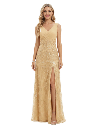 ChicSew Elegant V-Neck Spaghetti Straps A-Line Side Slit Mother Of The Bride Gown Lace Tulle Overlay