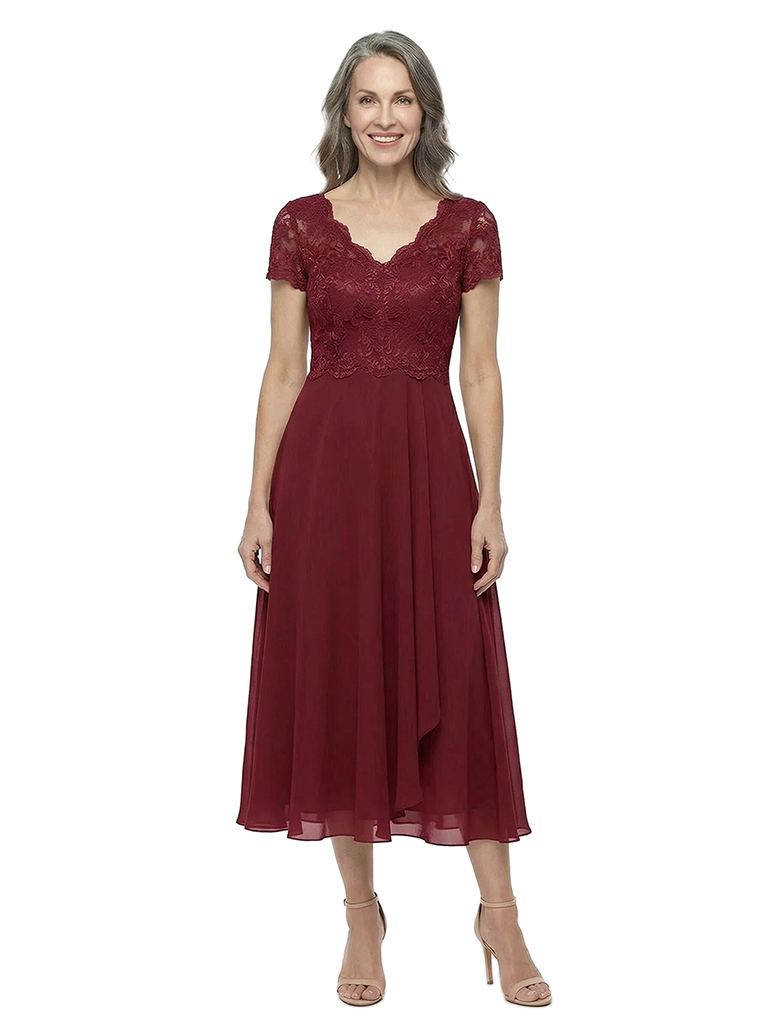 ChicSew Classy Lace Bodice Chiffon Mother Of The Groom Dresses V-Neck Short Sleeves Midi Party Wear
