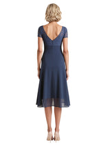 Elegant V-neck Short Sleeves Chiffon A-Line Tea Length Mother of The Bride Dresses