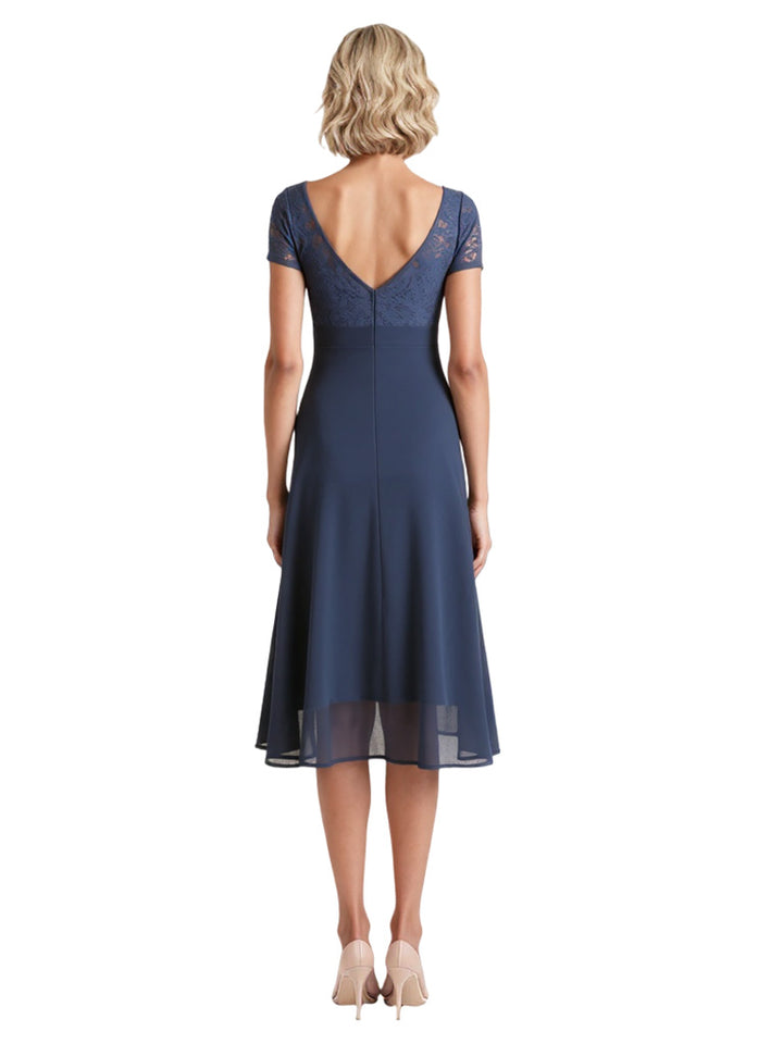 Elegant V-neck Short Sleeves Chiffon A-Line Tea Length Mother of The Bride Dresses