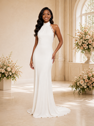 ChicSew Modern Crepe Halter Long Open Back Mermaid Wedding Dress