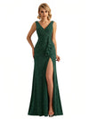 Shiny V-neck Mermaid Glitter Jersey Side Slit Ruffle Maxi Formal Dresses For Women