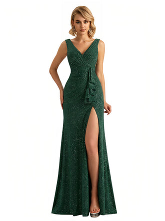 Shiny V-neck Mermaid Glitter Jersey Side Slit Ruffle Maxi Formal Dresses For Women