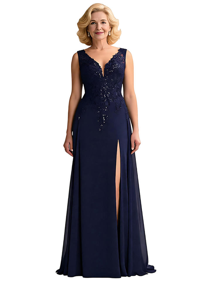 Elegant Sleeveless V-Neck Lace Applique Chiffon A-line Long Mother of The Bride Dresses Side Slit
