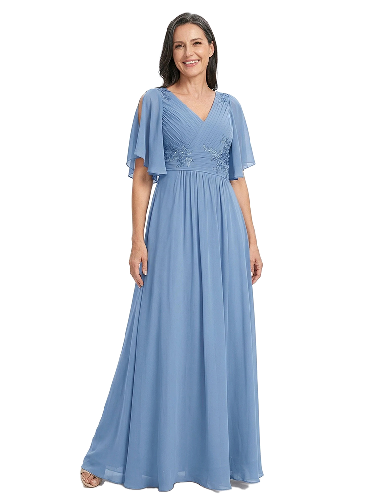 ChicSew Beautiful V-Neck Chiffon Mother Of The Bride Gown With Flutter Sleeves Lace Applique