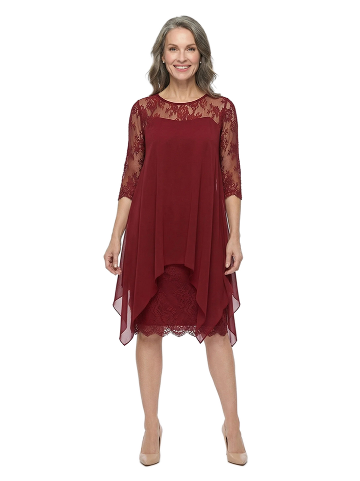 ChicSew Jewel 3/4 Sleeve Lace Overlay Asymmetrical Hem Chiffon Knee Length Mother of the Bride Dresses
