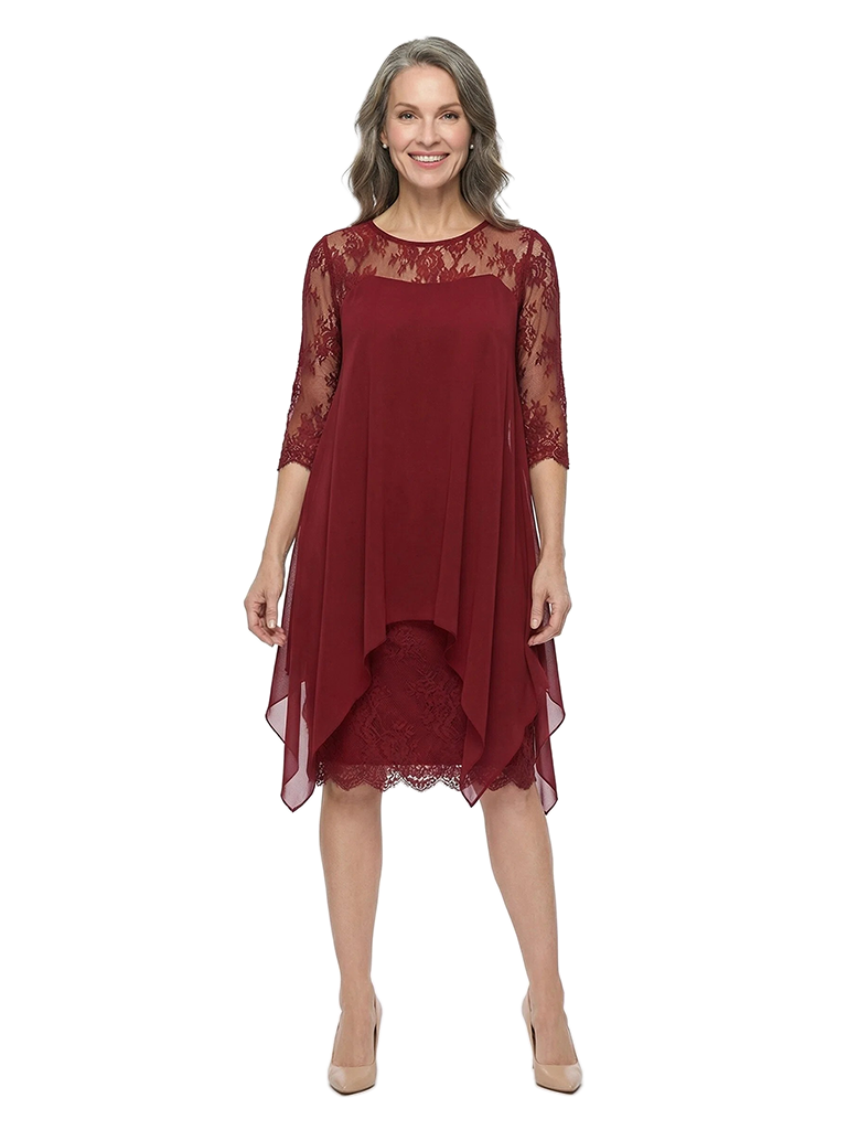 ChicSew Jewel 3/4 Sleeve Lace Overlay Asymmetrical Hem Chiffon Knee Length Mother of the Bride Dresses