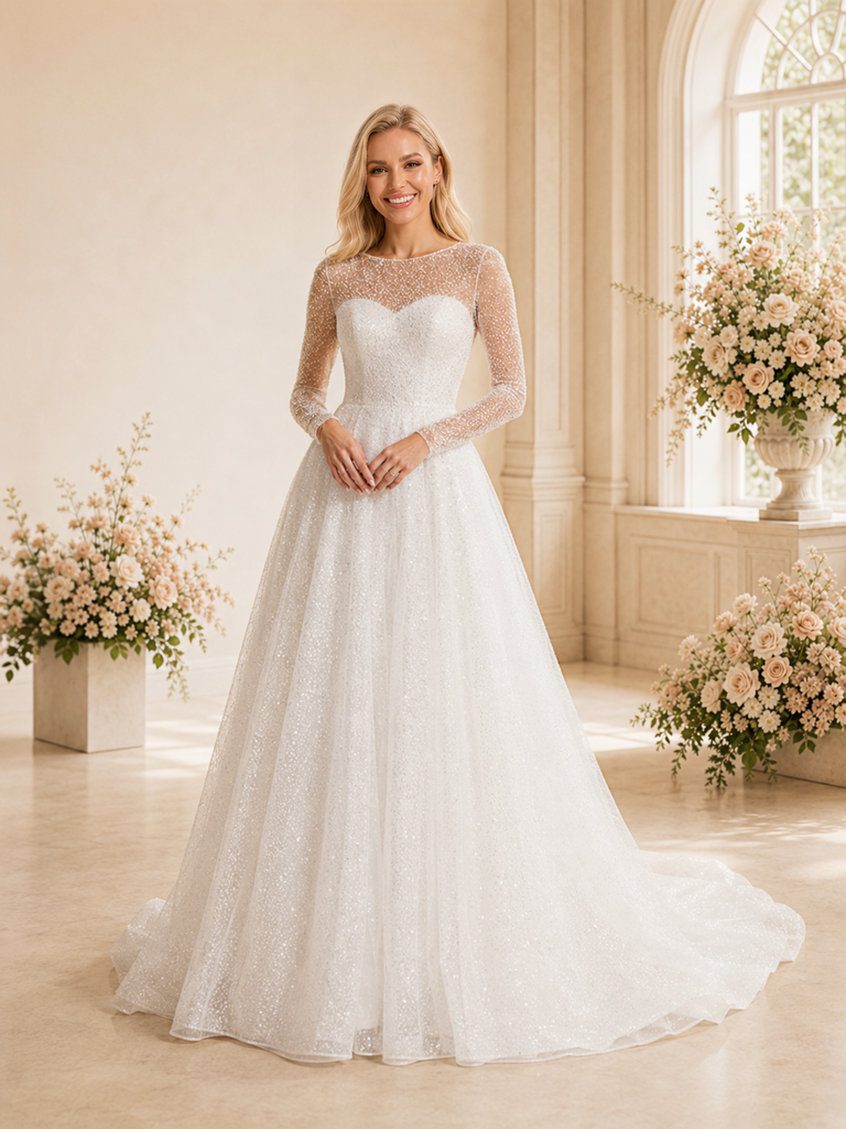 ChicSew Classy Modern Glitter Tulle Illusion Long Sleeves A-Line Maxi Wedding Dress With Button