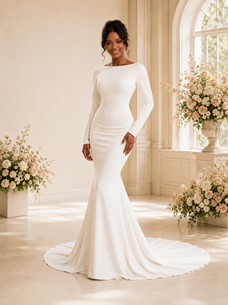 ChicSew Modern Mermaid Bateau Long Sleeves Crepe Maxi Wedding Dress