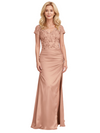 Elegant Short Sleeves Mermaid Lace Soft Satin Side Slit Floor-Length Mother of the Bride Dresses