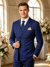 Classic 2 Piece Royal Blue Men's Suit with Regular Fit and Sophisticated Peak Lapel Vertical Strips