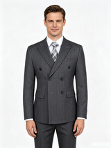 Classic 3 Piece Grey Men's Suit with Regular Fit and Sophisticated Peak Lapel Vertical Strips