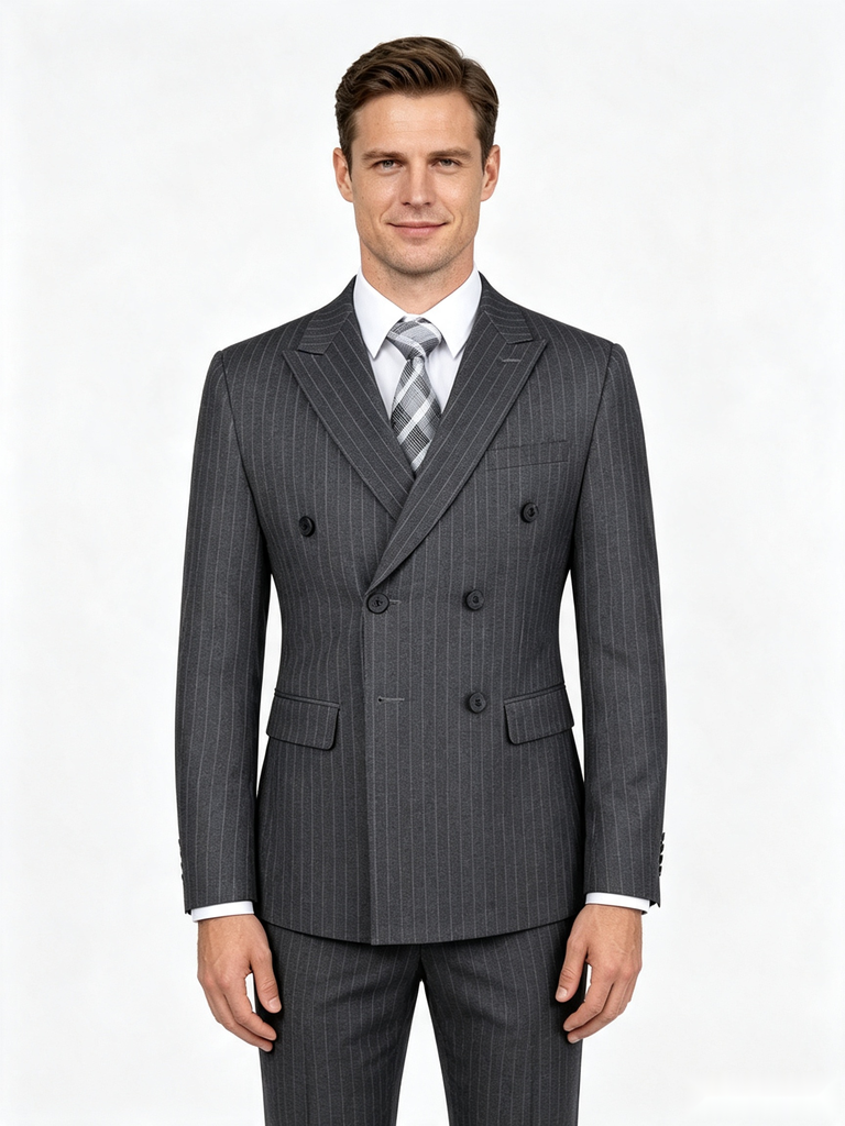 Classic 2 Piece Grey Men's Suit with Regular Fit and Sophisticated Peak Lapel Vertical Strips