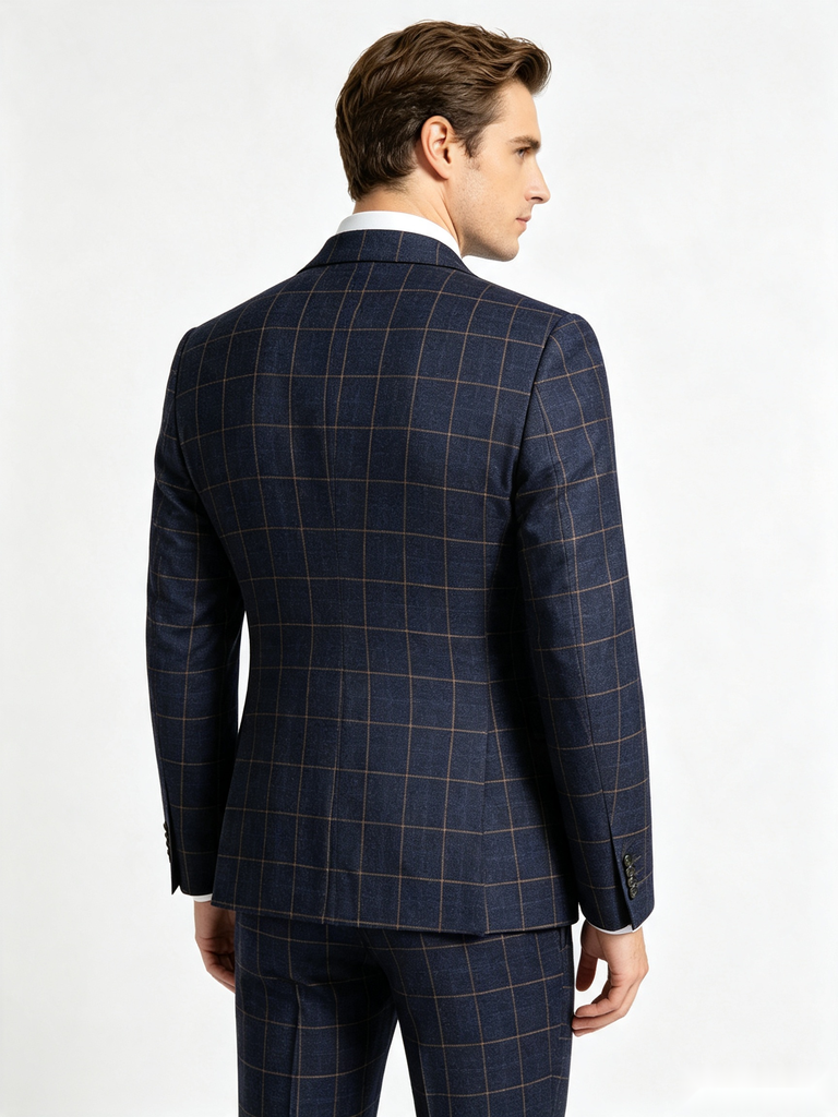 Classic 3 Piece Dark Navy Men's Suit with Regular Fit and Sophisticated Peak Lapel Vertical Strips