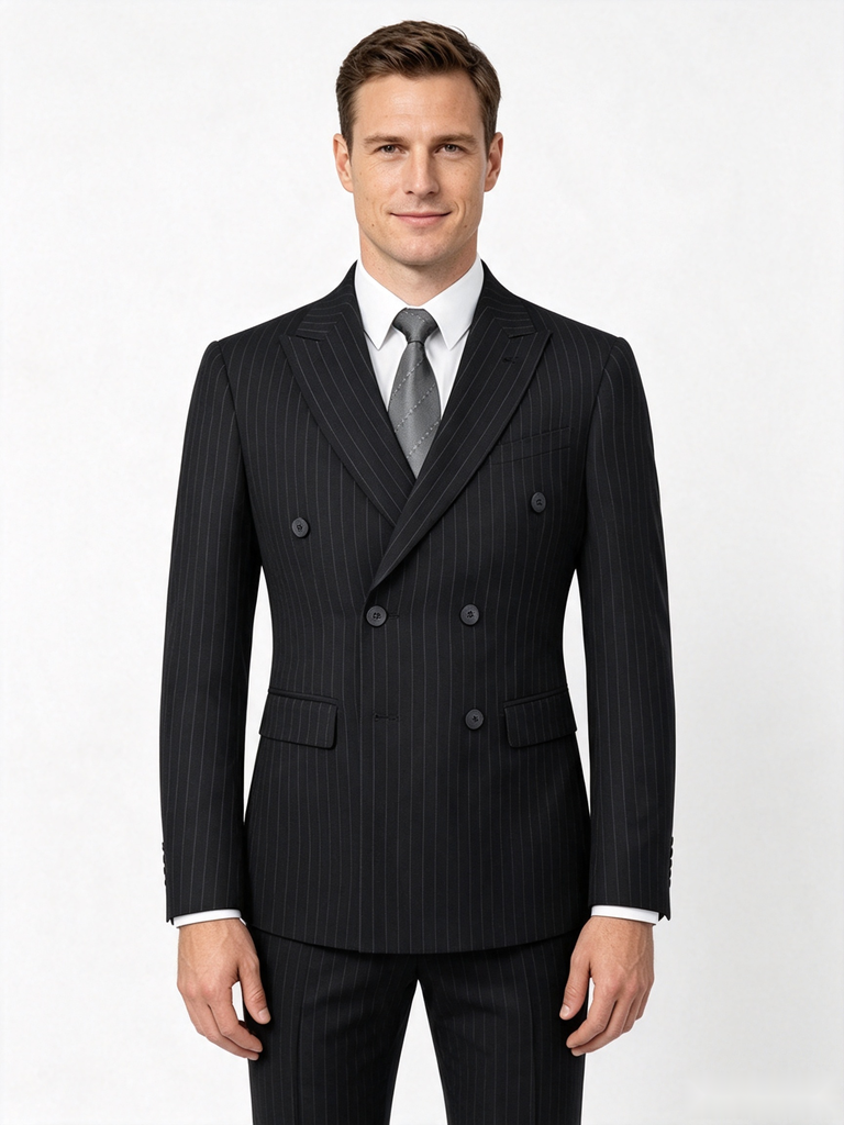 Classic 3 Piece Black Men's Suit with Regular Fit and Sophisticated Peak Lapel Vertical Strips