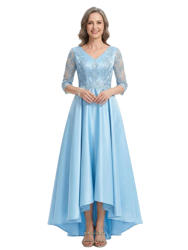 ChicSew V-Neck 3/4 Sleeve Lace Satin High Low Elegant Mother of the Bride Dresses
