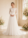 ChicSew Elegant A-Line Lace Applique Jewel Chiffon Long Sleeves Floor-Length Wedding Dress
