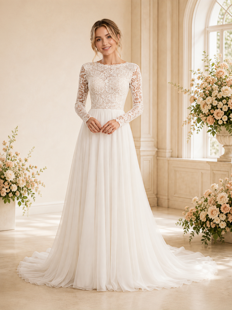 ChicSew Elegant A-Line Lace Applique Jewel Chiffon Long Sleeves Floor-Length Wedding Dress